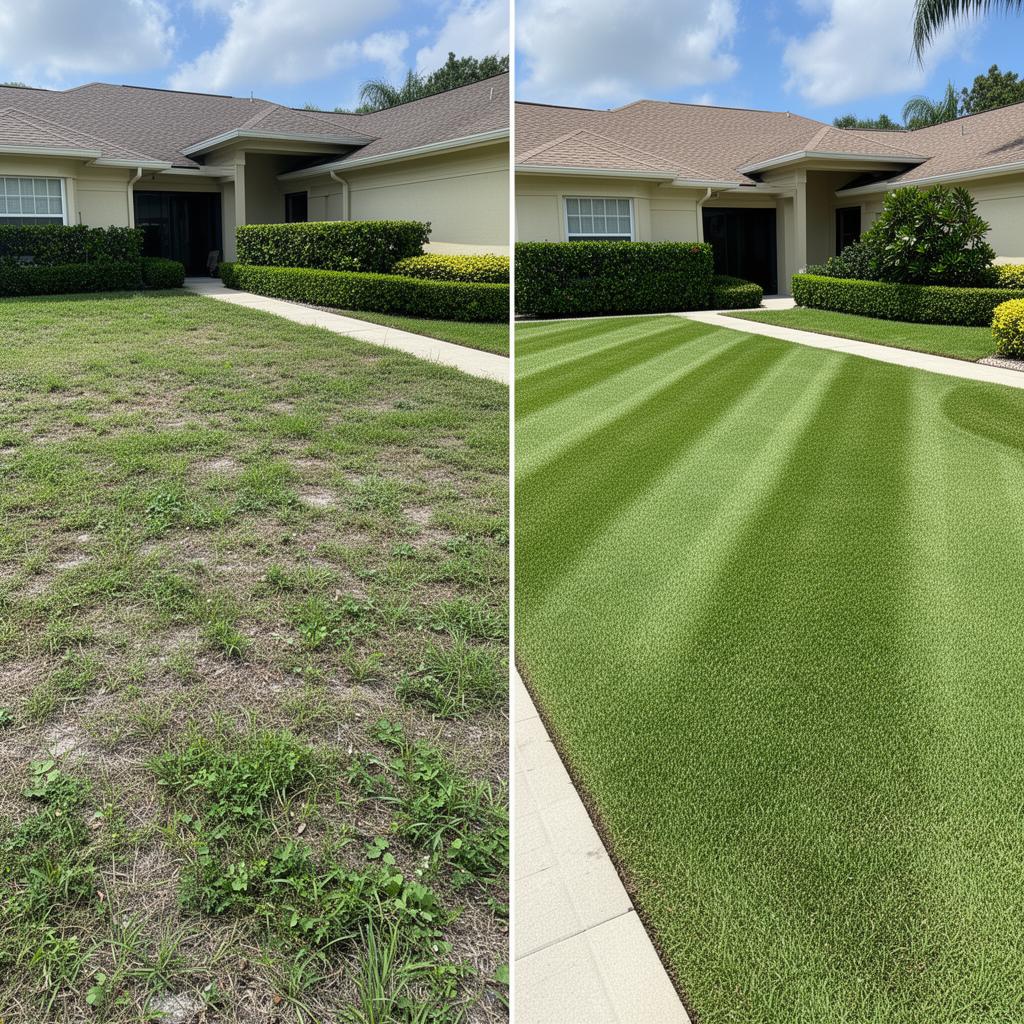 Before-and-after of a Florida residential lawn, transformed from patchy and overgrown to lush green with crisp mowing stripes