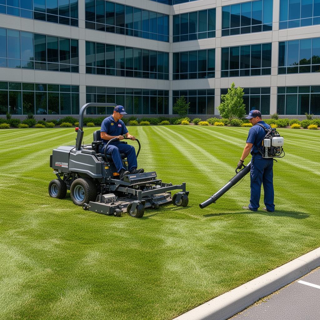 Two uniformed lawn care professionals maintaining a manicured commercial property lawn with a stand-on mower and backpack blower