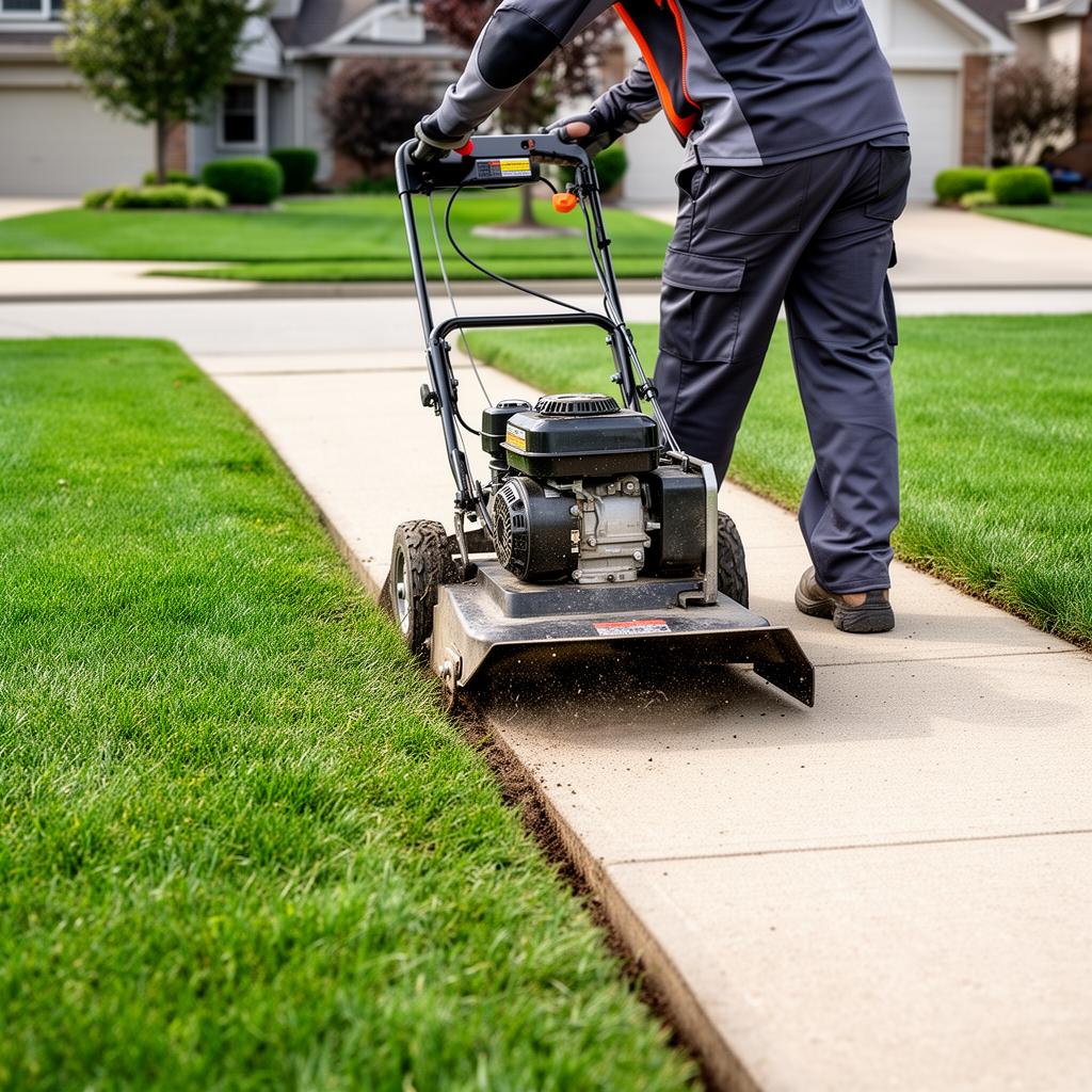 Lawn care professional using a commercial gas edger to create a crisp edge along a concrete sidewalk