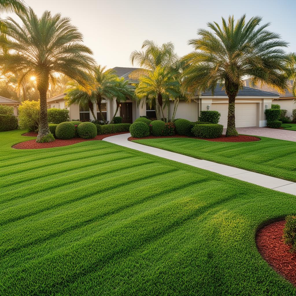 Beautifully maintained Florida front yard at golden hour with vibrant green grass, diagonal mowing stripes and manicured shrubs