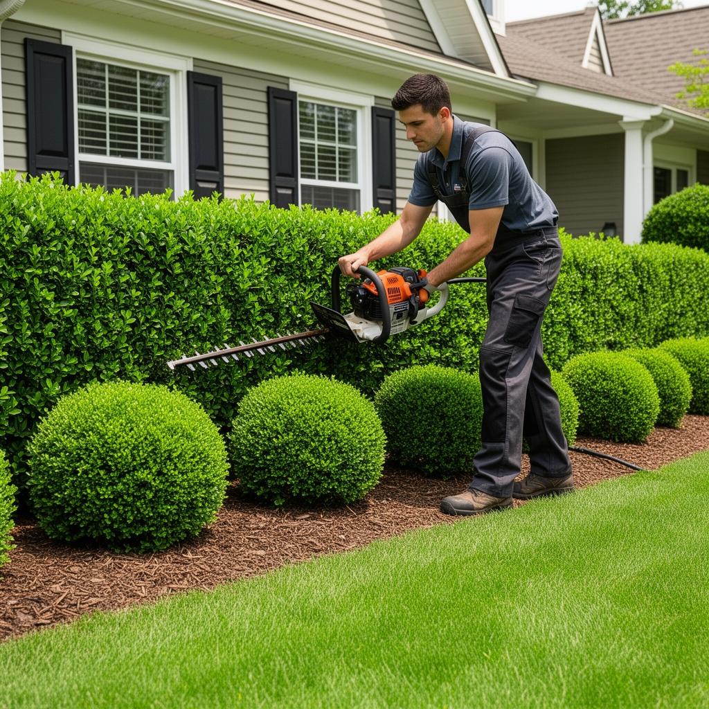 Landscaper in uniform shaping a row of hedges with a commercial gas hedge trimmer in front of a tidy home