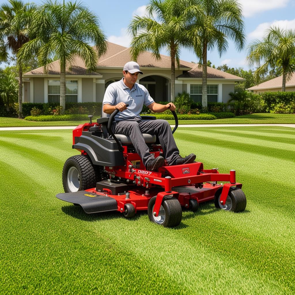 Uniformed RC Lawnworx technician operating a commercial red zero-turn mower on a healthy striped residential lawn